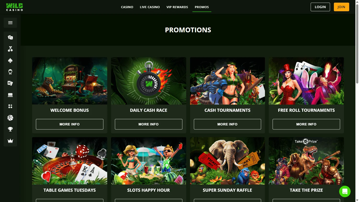 Wild Casino desktop promotions interface with bonus and cash promotion options