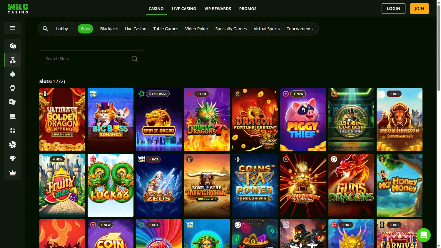 Wild Casino desktop games interface with casino categories and titles