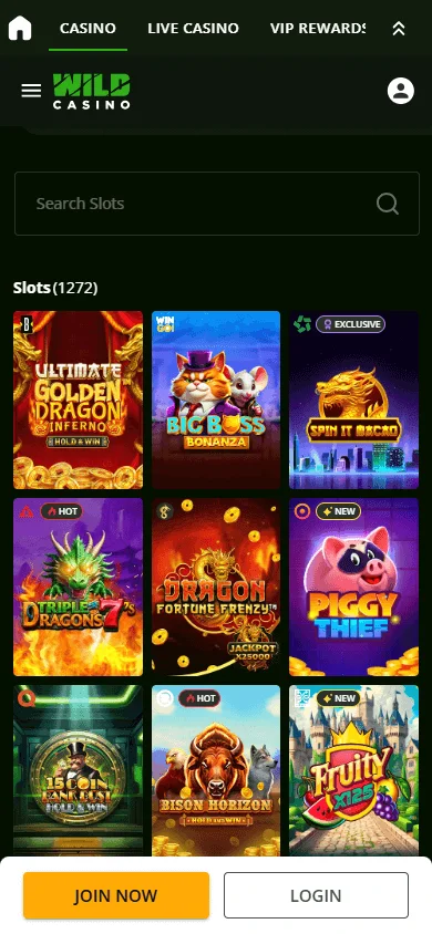 Wild Casino mobile browser games interface with casino and live game options