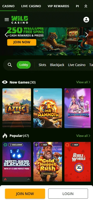 Wild Casino mobile browser home interface on a phone