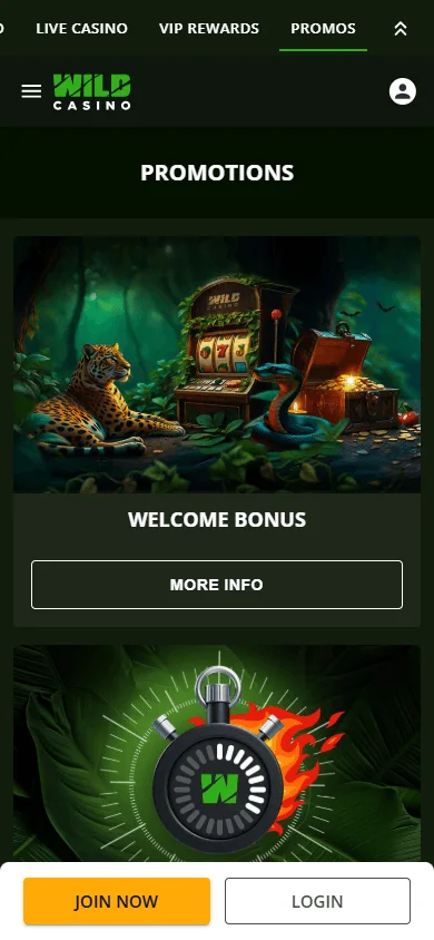 Wild Casino mobile browser promotions interface with available casino offers